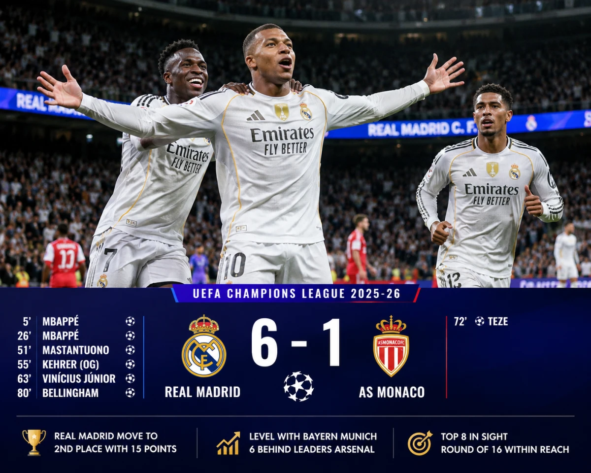UEFA Champions League 2025-26: Mbappé, Vinícius Shine as Real Madrid Thrash Monaco 6-1 - blog image